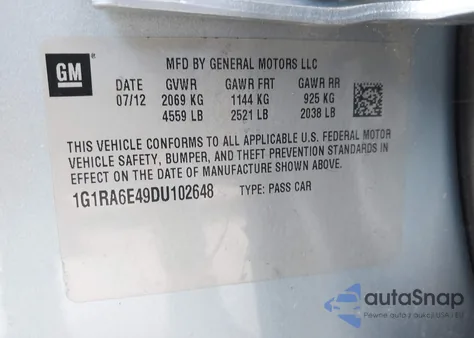 2013 Chevrolet Volt из США, поврежденный, VIN 1G1RA6E49DU102648